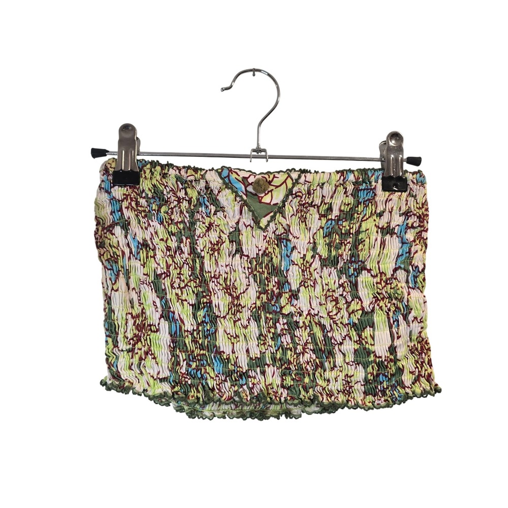 Poupette St Barth Tube Top Women OS Green Floral Smocked Strapless Viscose